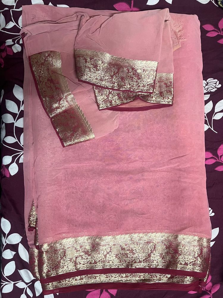 Dusty Rose Sari with Gold Embellishments