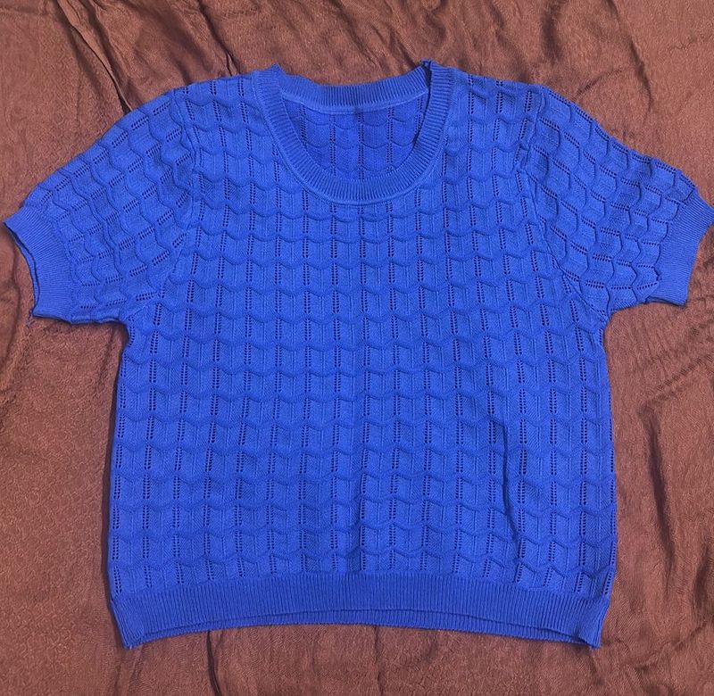 Blue Knit Short Sleeve Top