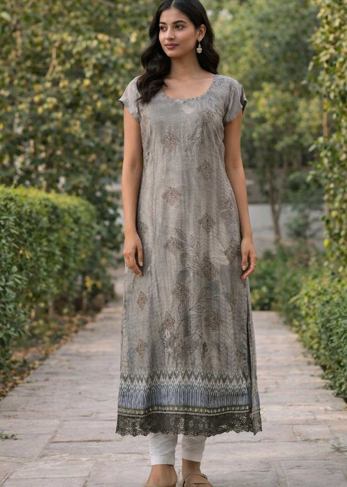 Elegant Grey Printed Kurta with patchwork