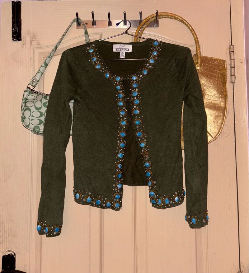 ⋆˚✿˖° y2k beaded olive cardigan ⋆˚✿˖°