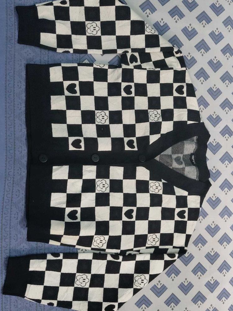 Checkered Black &amp; White Cardigan