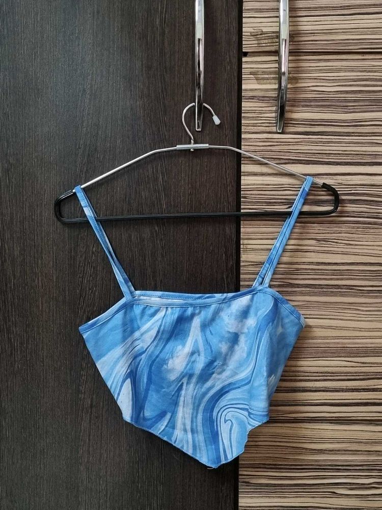 Urbanic Blue Marble Print Asymmetric Crop Top