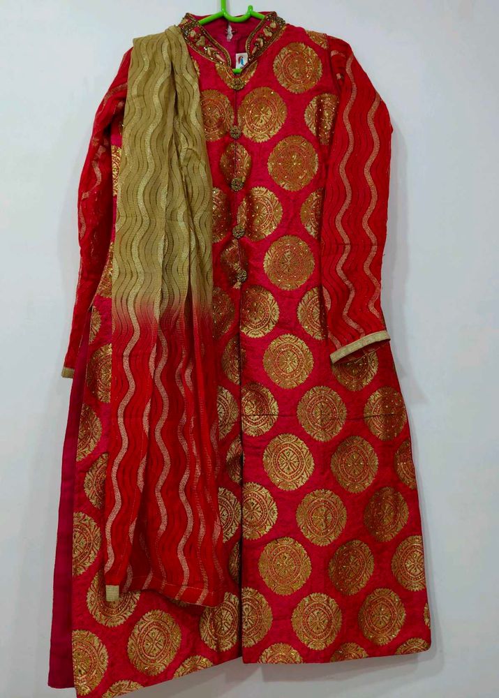 Rani Pink &amp; Gold Sherwani-Style Anarkali Set |
