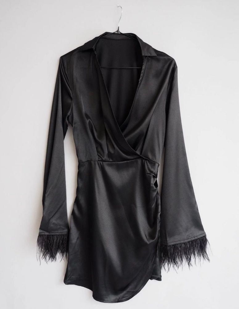 Black Feather satin Trim Mini Dress