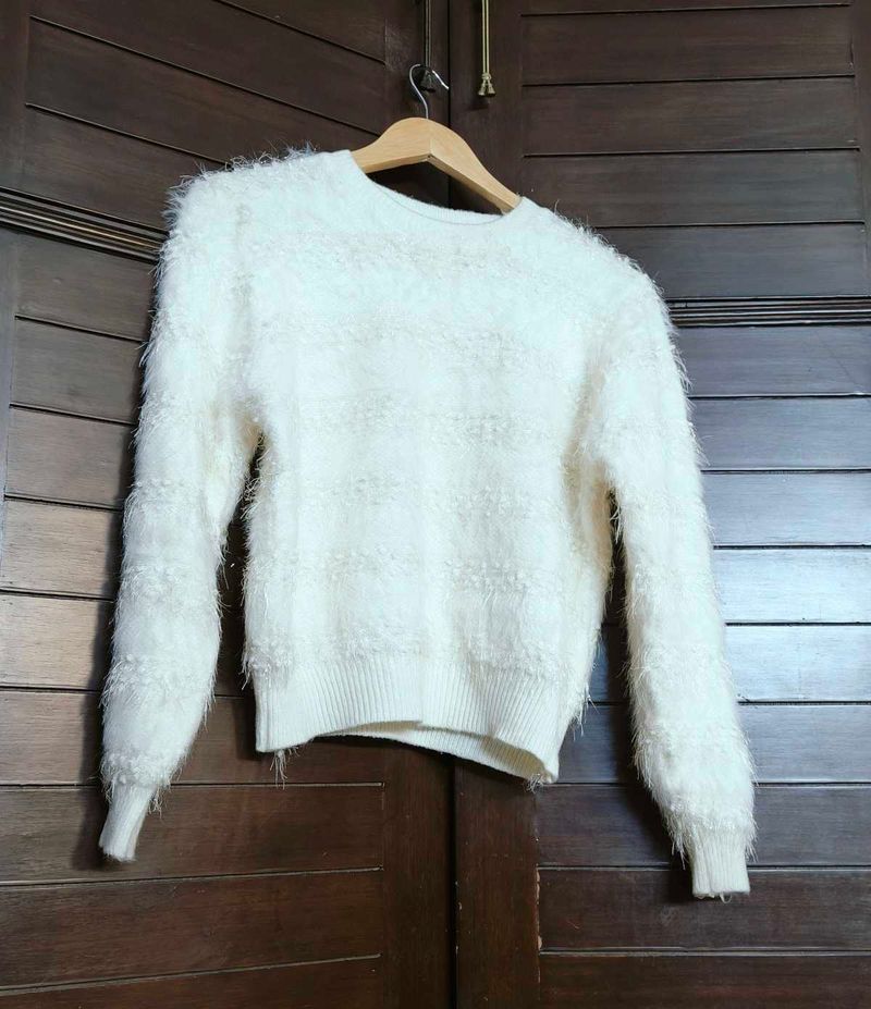 Women White Fur Fluffy Knit Casual Pullover