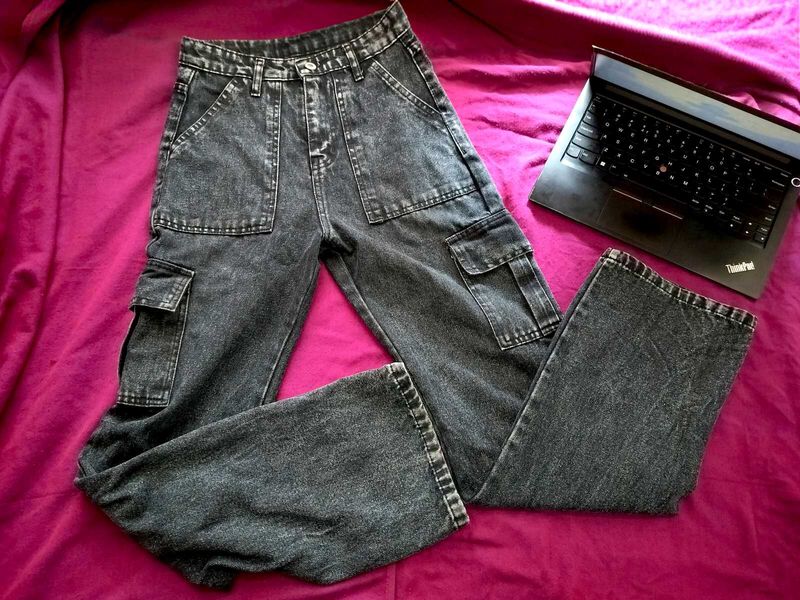 Charcoal High Waist Cargo Jeans For Women