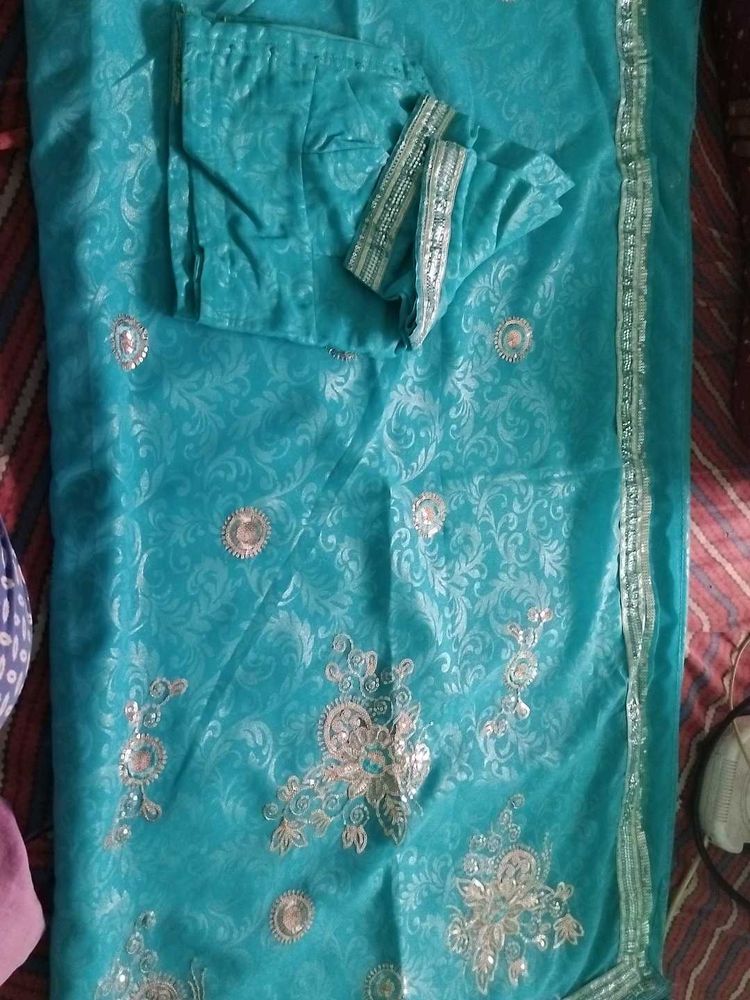 Teal Saree With Sequins Work &amp; Blouse