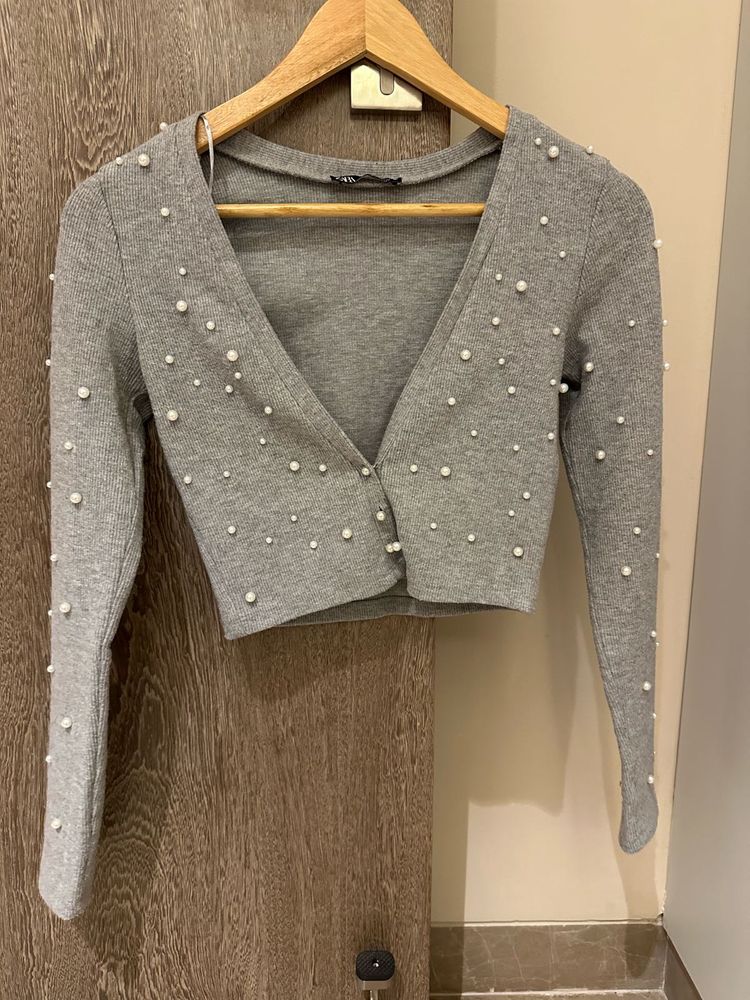 ZARA Grey Pearl Embellished Cardigan