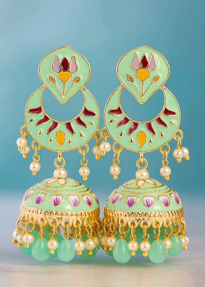 Mint Jhumka Earrings with Pearl Details
