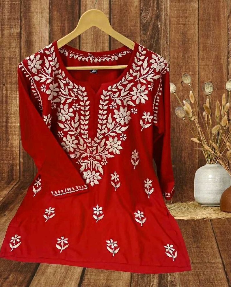 Red Floral Embroidered Kurti
