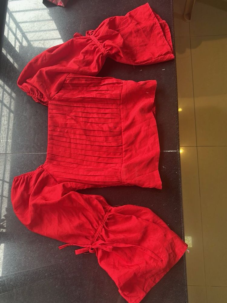 Red Crop Top With Full Sleeves For Women