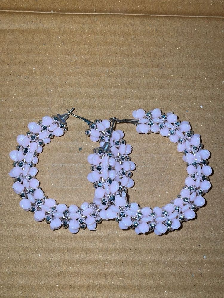 Pink Floral Beaded Hoop Earrings