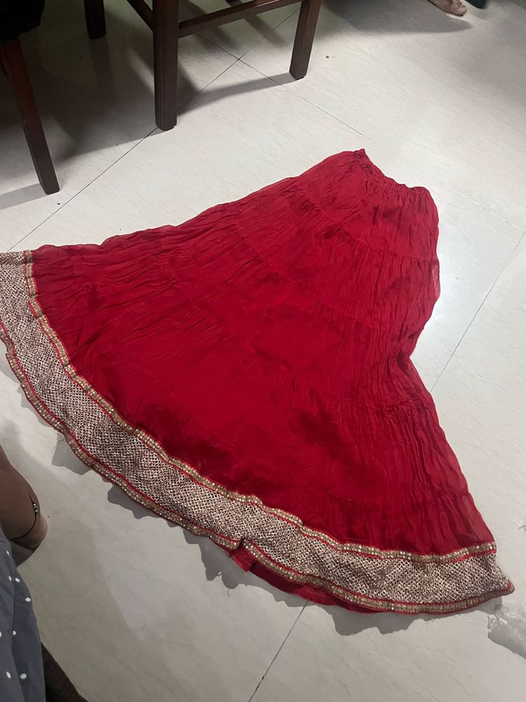 Rich Red Flare Skirt With Sequin Worked Border