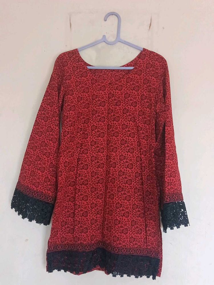 Red Floral Print Kurti with Lace