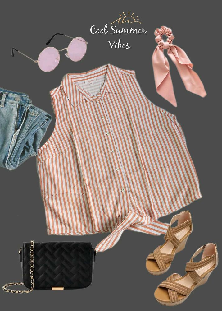 Thrifted Striped Tie-Front Sleeveless Blouse