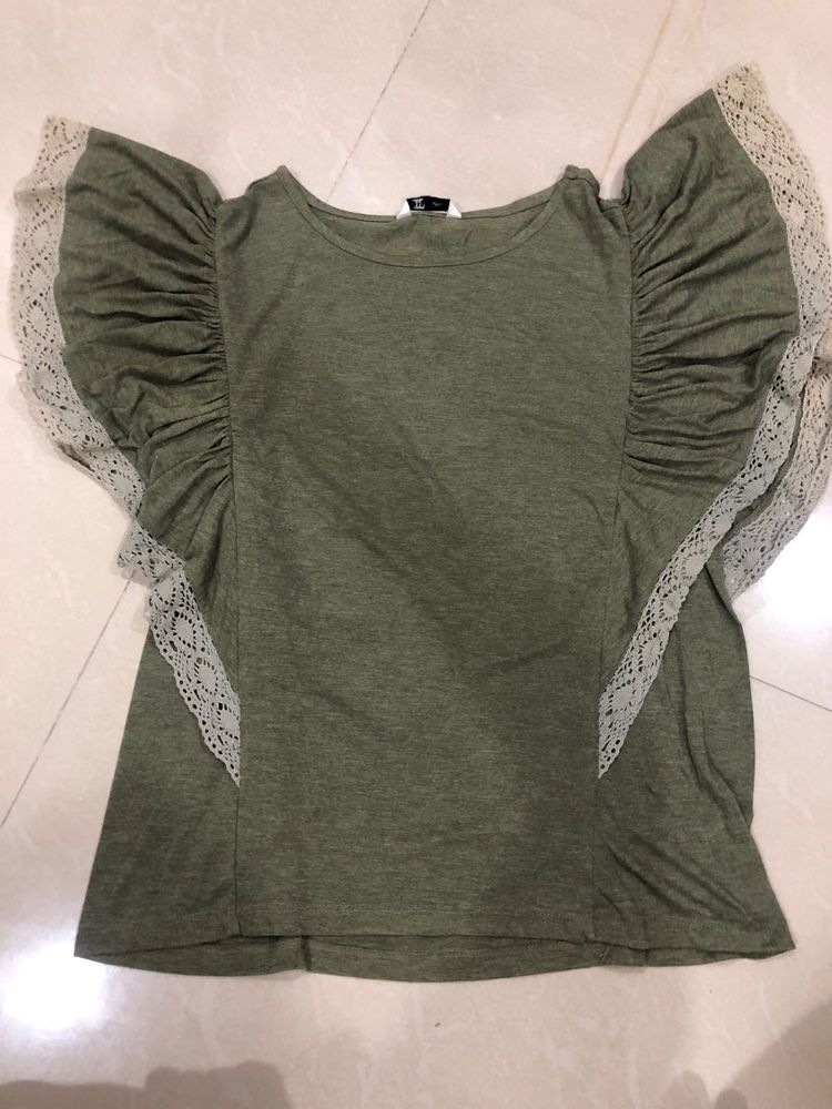 Olive Green Lace Sleeve Top