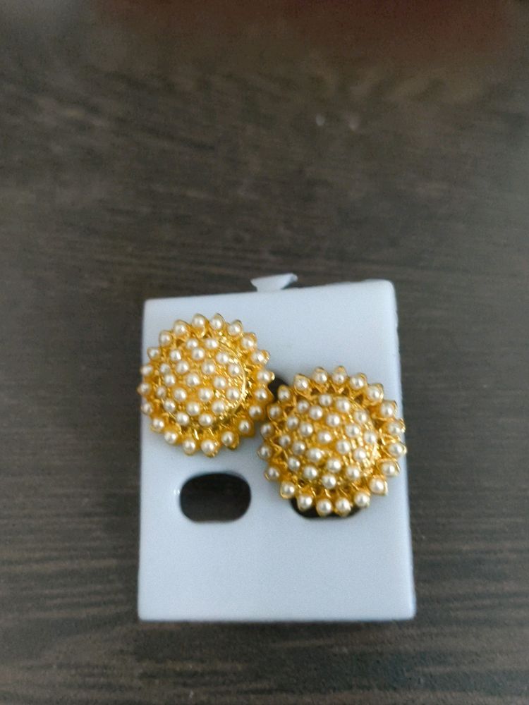 Golden And White Moti Studded Earrings