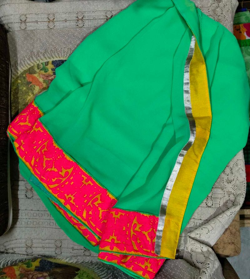 Green Saree With Pink and Yellow Borders