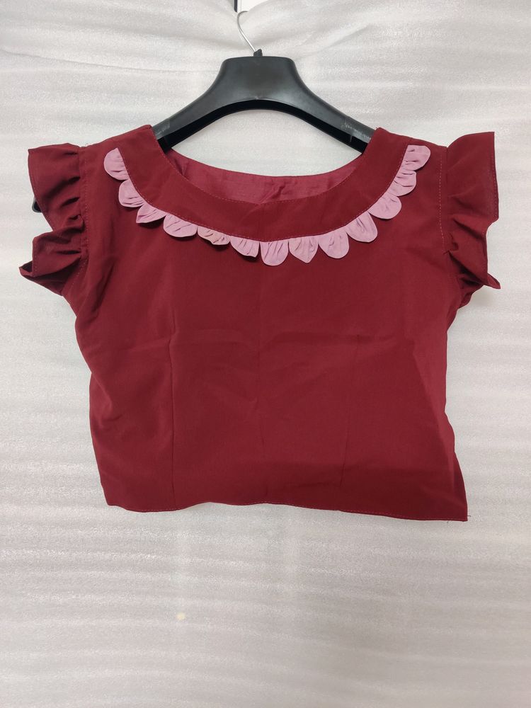 Maroon Side Open Blouse With Cute Neck Design