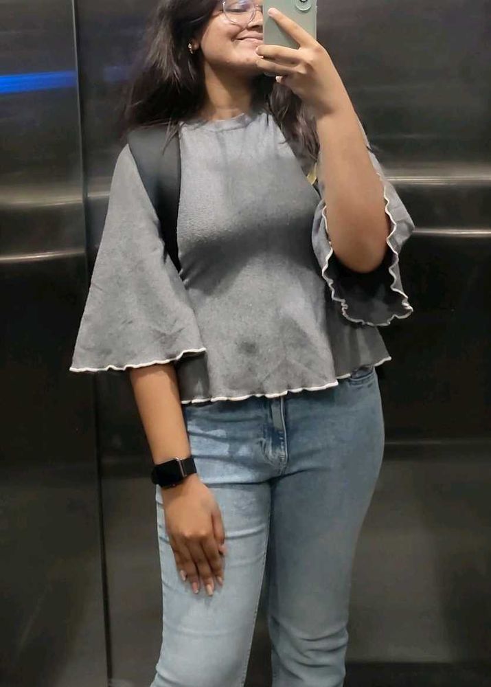 Gray Flared Sleeve Top