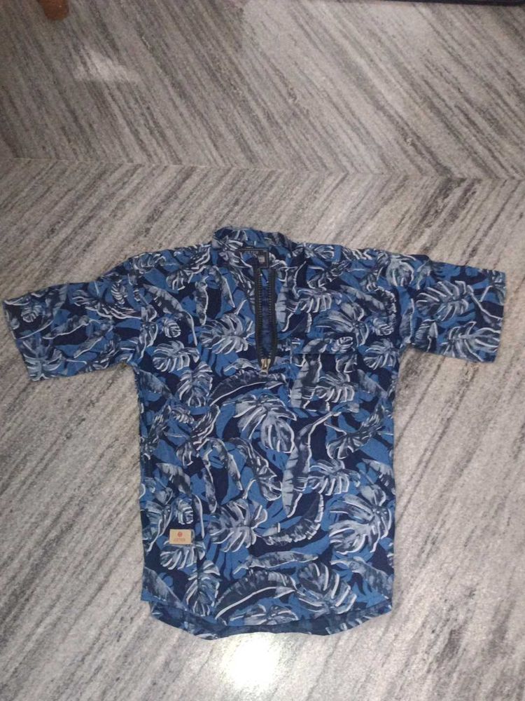 Leaf Print Half-Zip Casual Shirt