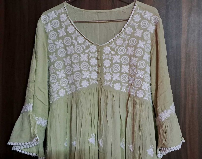 Pastel Green Chikankari Style Kurti with White Emb