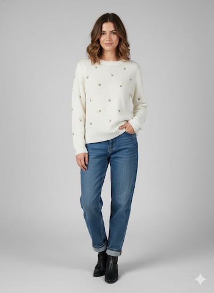 Ivory Embellished Pullover Sweater
