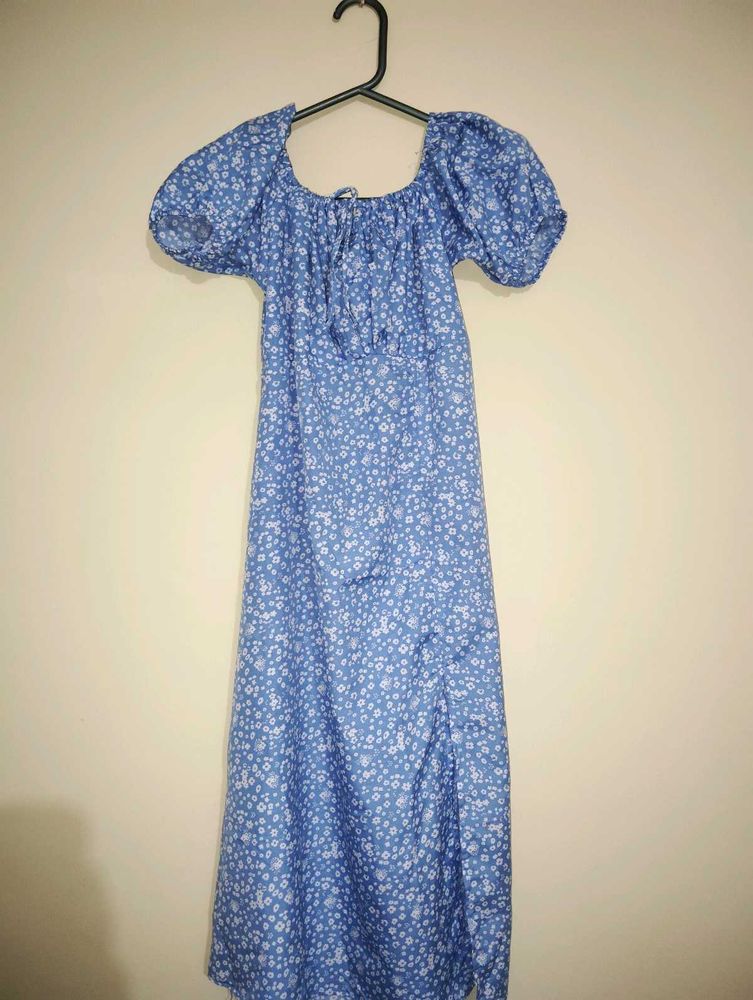 Blue Floral Puff Sleeve Dress