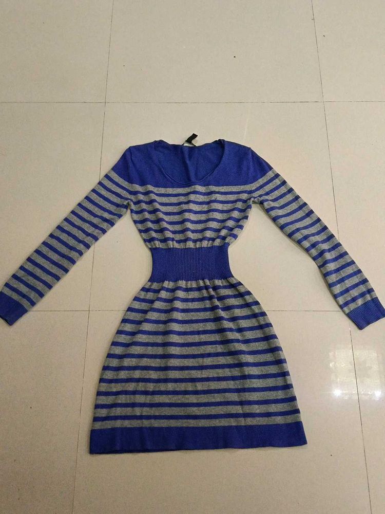&#34;Blue and Gray Striped Knit Dress&#34;