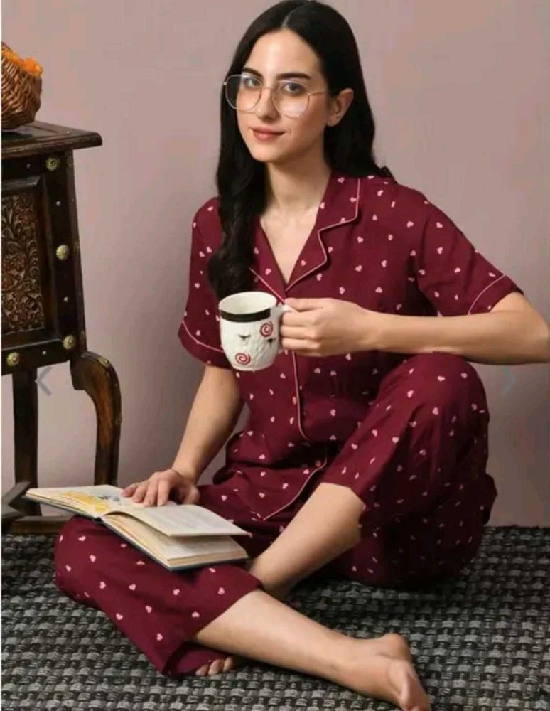 Heart Print Burgundy Pajama Set