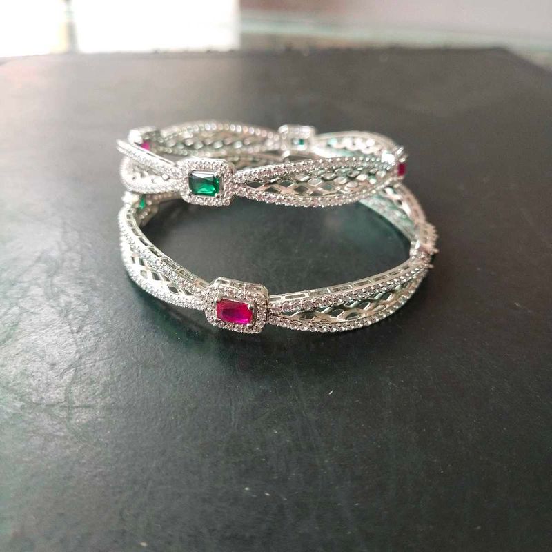 Pure Sterling Silver Pink&amp;Green CZ Bangles 1 Pair.
