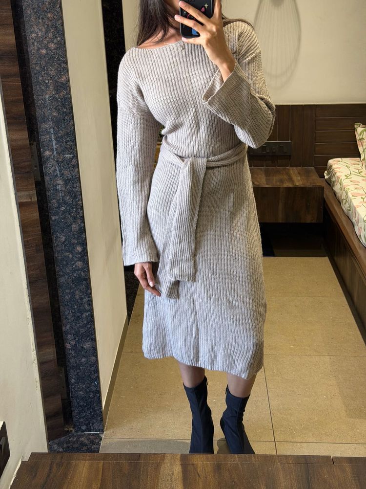 free size Ribbed Knit tie up Midi Dress