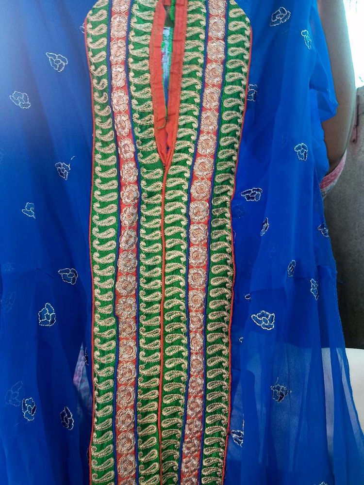 Blue Embroidered Dress Material