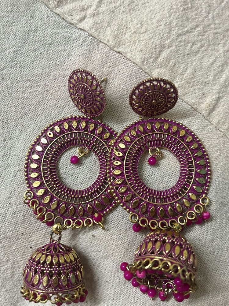 magenta/pink golden Jhumka Earrings