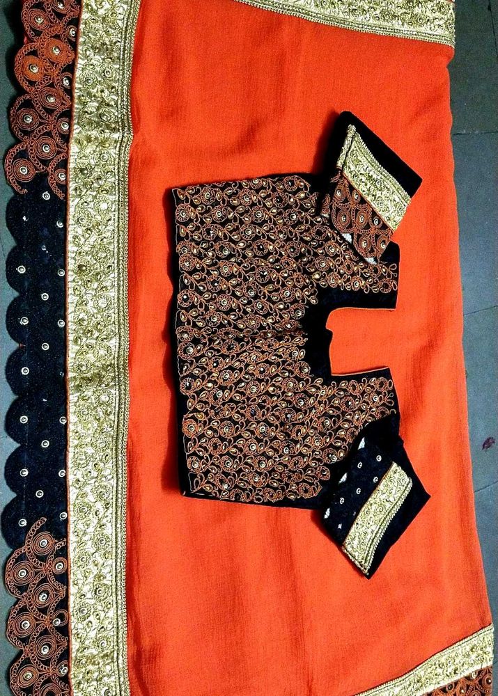 New Orange &amp; Black Embroidered Saree With Blouse