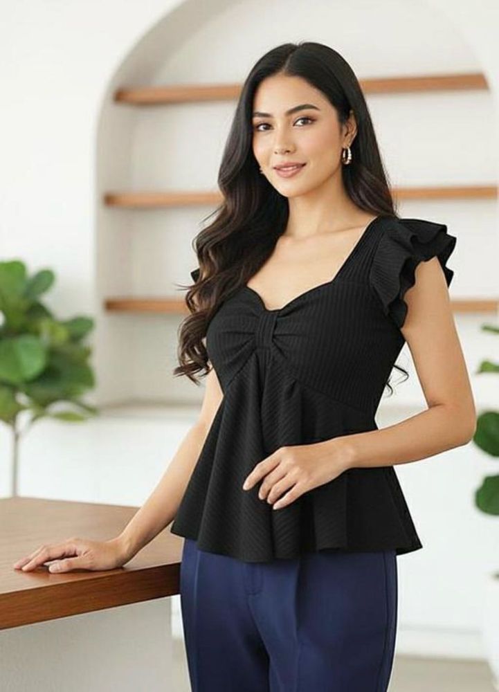 Elegant Black Ruffle Sleeve Peplum Top