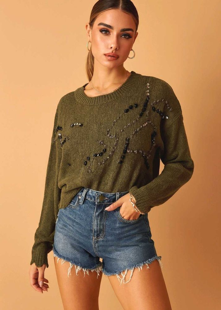 🎀Olive Green Embellished Sweater C