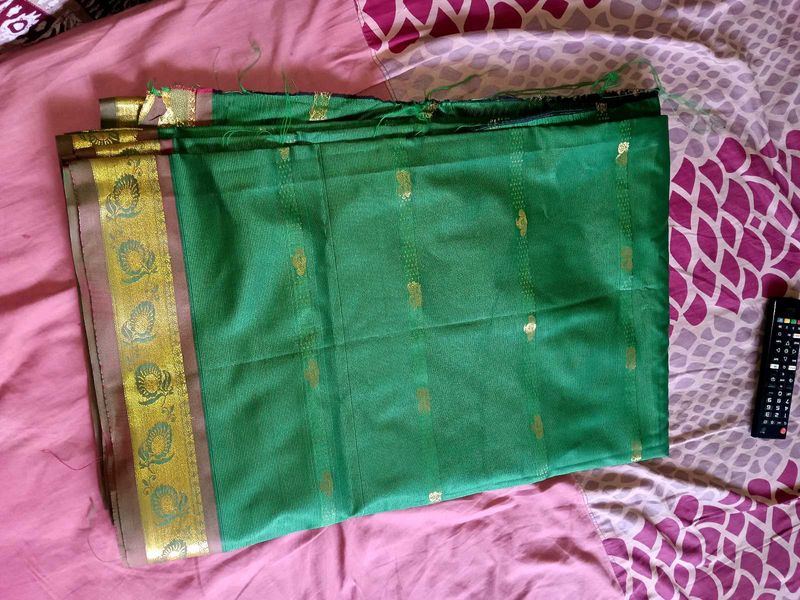 Green Silk Saree with Gold Border