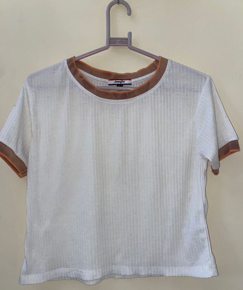 Ribbed White &amp; Orange Trim T-Shirt