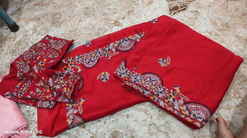 Red Embroidered party wear saree