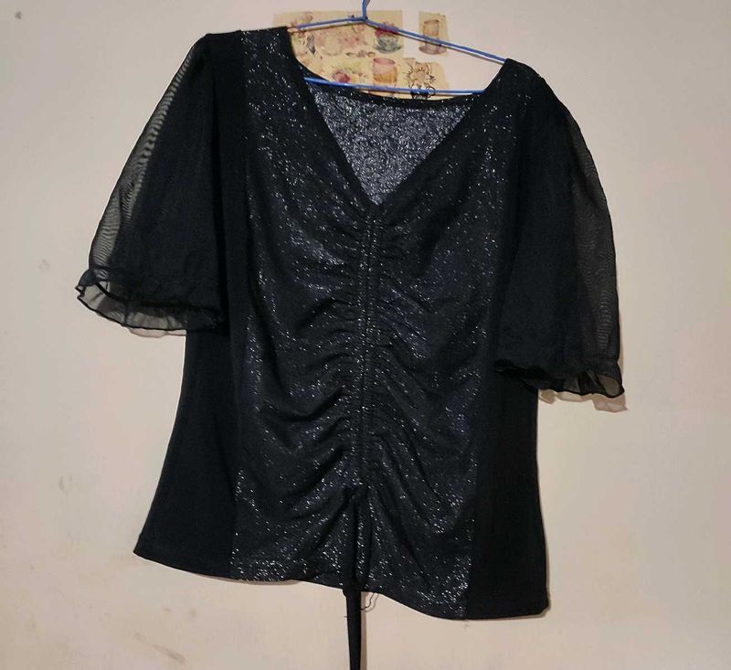 Black Glittery Ruched Crop Top