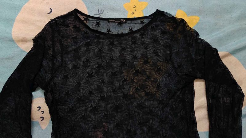 ZARA Black Mesh Long Sleeve Top
