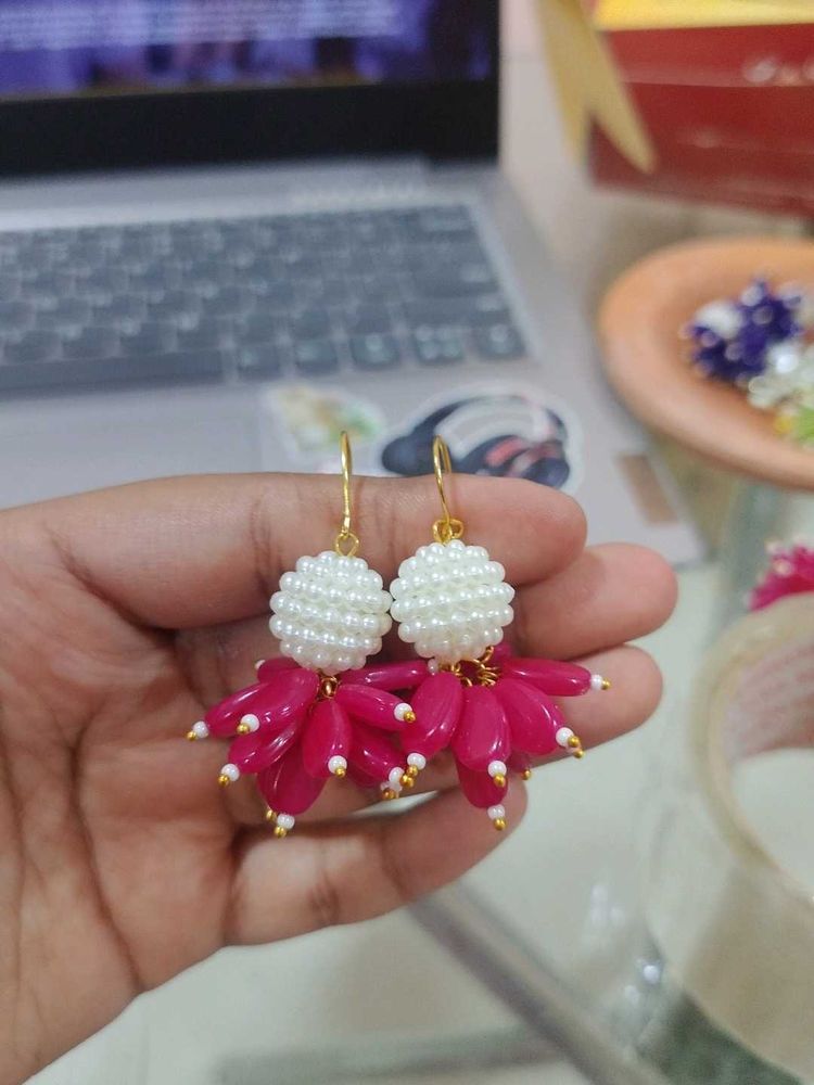 Dark Pink Beaded Earrings