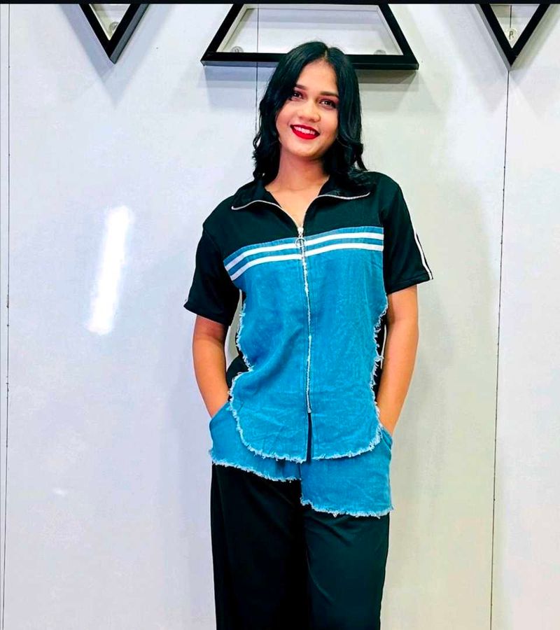 Denim-Accent Zip-Up Set