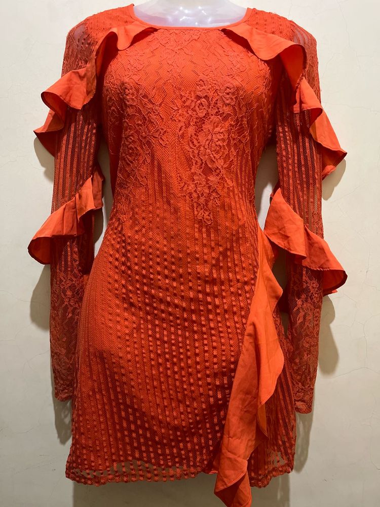 Koovs Branded Orange Ruffle Long Sleeve Dress