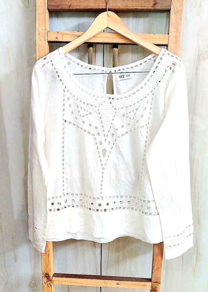 White Cutout Long Sleeve Top size-40