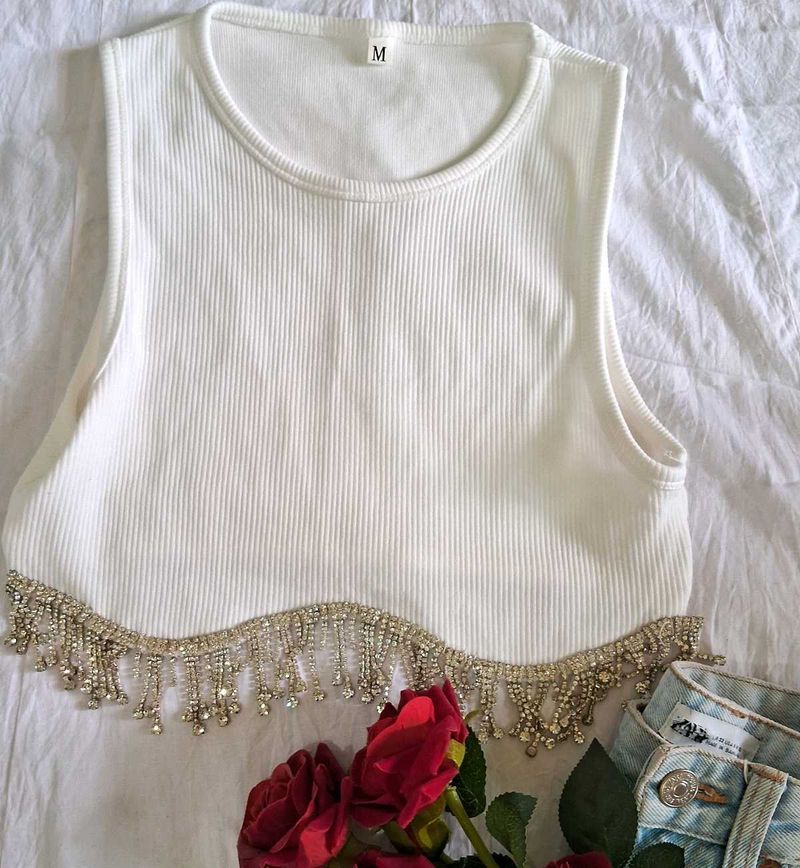 White Rhinestone Fringe Crop Top