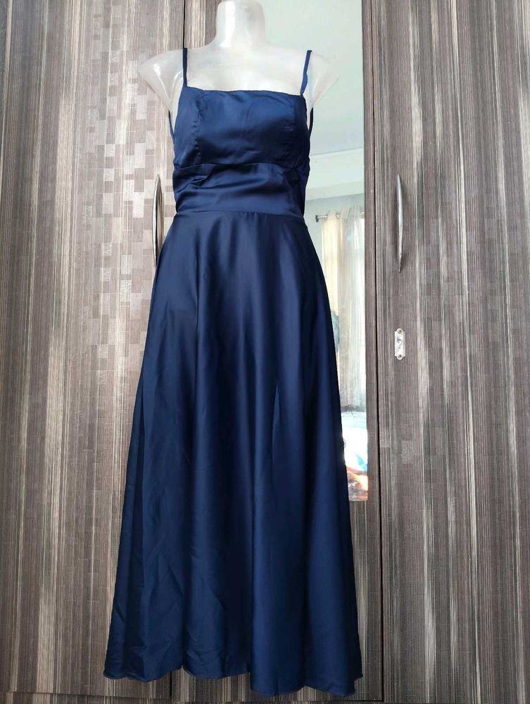 Navy Blue Satin Midi Dress