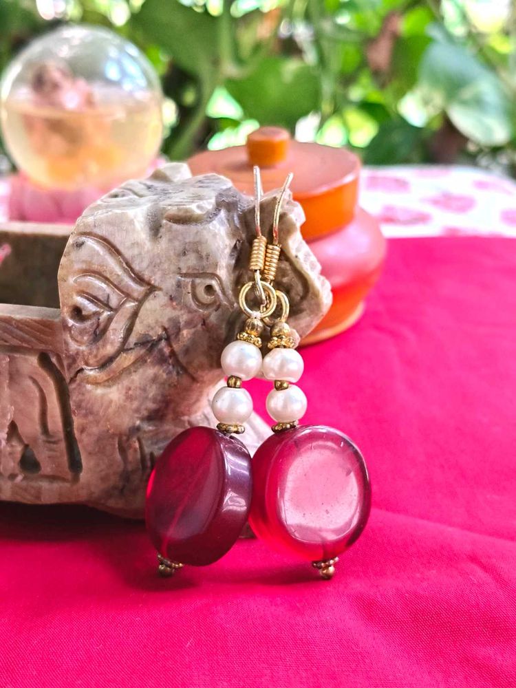 Voylla Glass Pearl White And Maroon Earrings