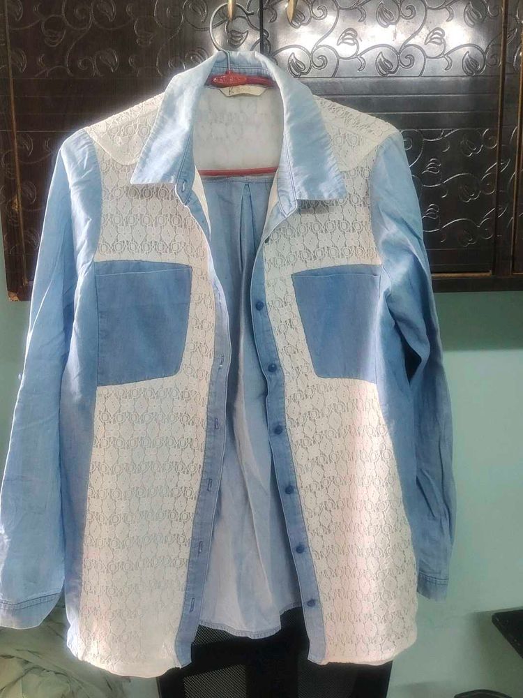 Fancy Denim Shirt With White Net Detailing